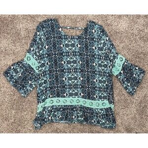 Studio‎ JPR Blouse Woman's 1X Blue Paisley 3/4 Sleeve Crochet Pheasant Boho Chic